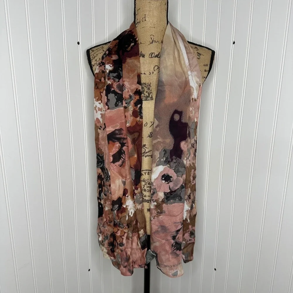 Vince Camuto Floral Watercolor Scarf Pink Silk Blend Lightweight Spring Layering